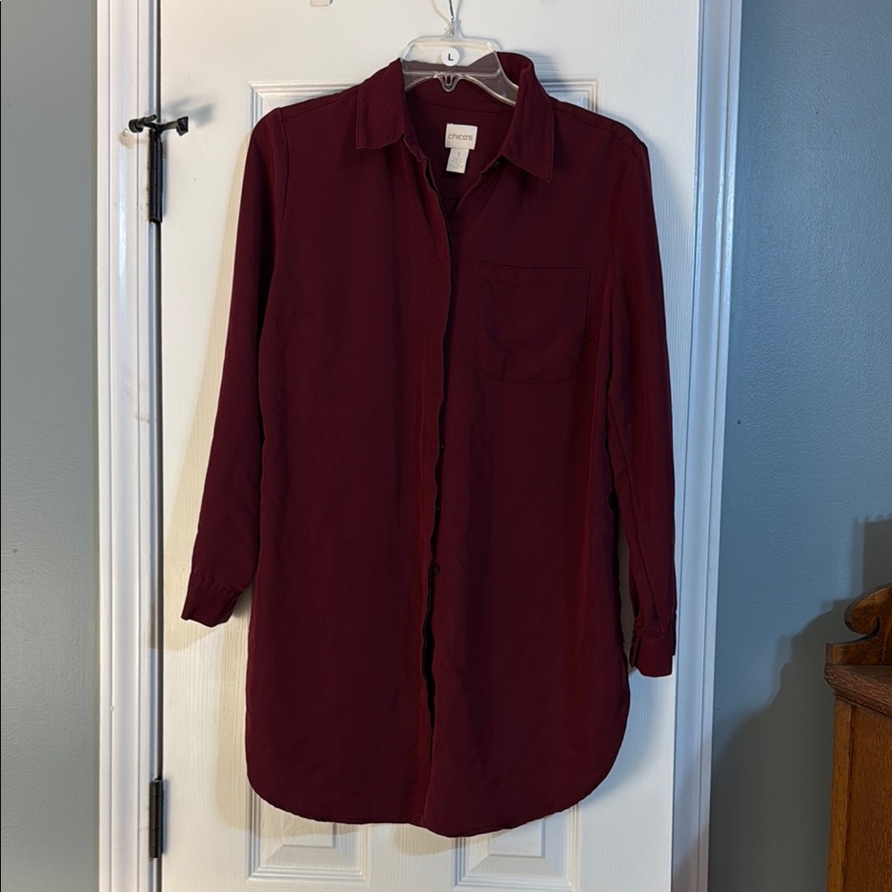 Chico’s Super Soft Burgundy Button-Up Shirt Long Sleeve Size 1